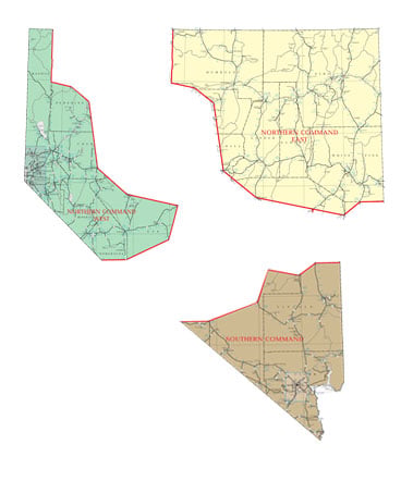 Command Regions: Northern Command West, Northern Command East and Southern Command